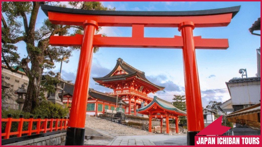 Traditional Japanese shrine with torii gate