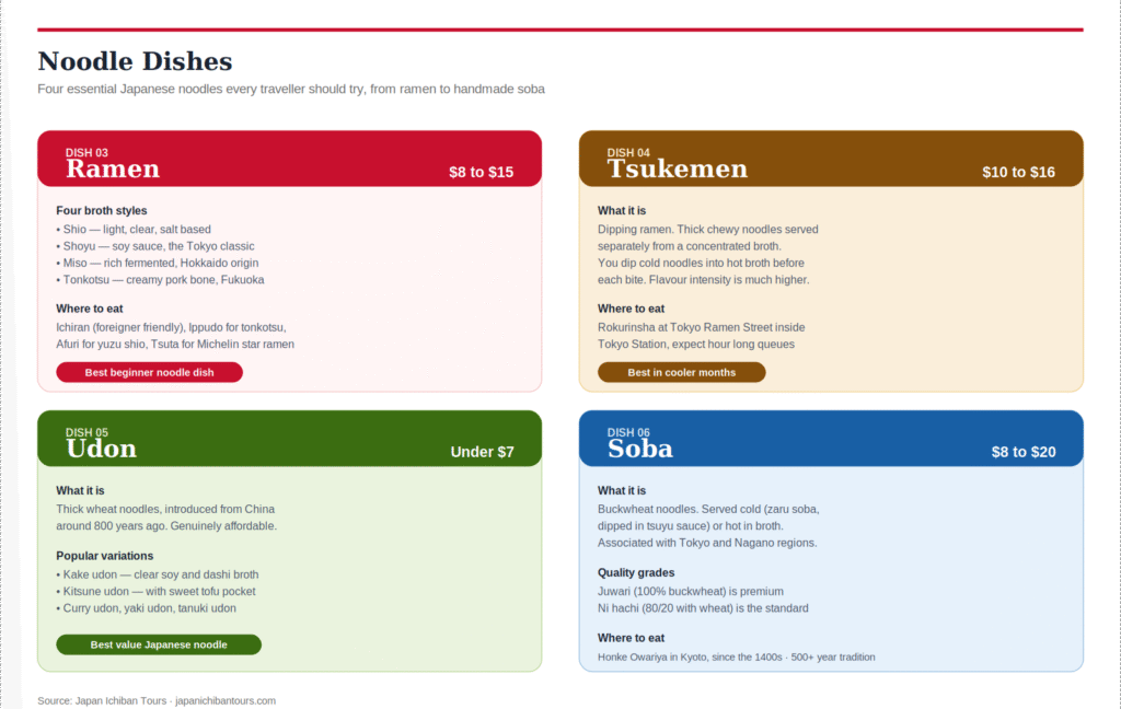 Grid of four essential Japanese noodle dishes, ramen with four broth styles, tsukemen dipping noodles, affordable udon wheat noodles, and traditional buckwheat soba, with descriptions, where to eat, and price ranges for each.