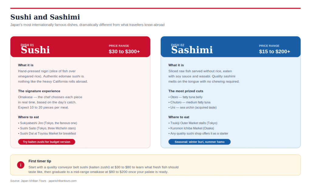 Side-by-side comparison of sushi and sashimi for travellers to Japan, showing what each dish is, the omakase signature experience, prized cuts like otoro and uni, where to eat including Sukiyabashi Jiro and Toyosu Market, and price ranges from $15 to $300+.